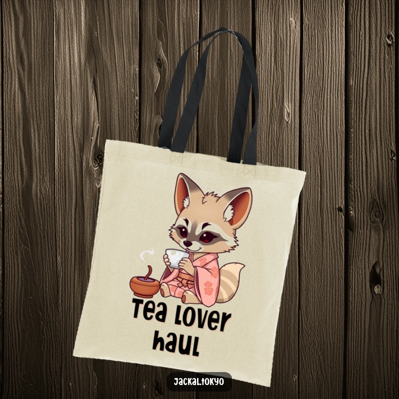 Funny Jackal Tote Bag: A jackal in a patterned kimono sips tea from a tiny cup, offering a stylish and humorous carrying solution.