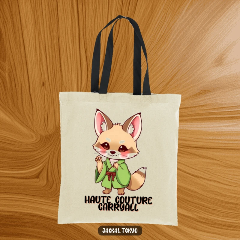 Funny Jackal Tote Bag: A cute jackal in a green kimono striking a charming pose, ready to carry your items with style and humor.