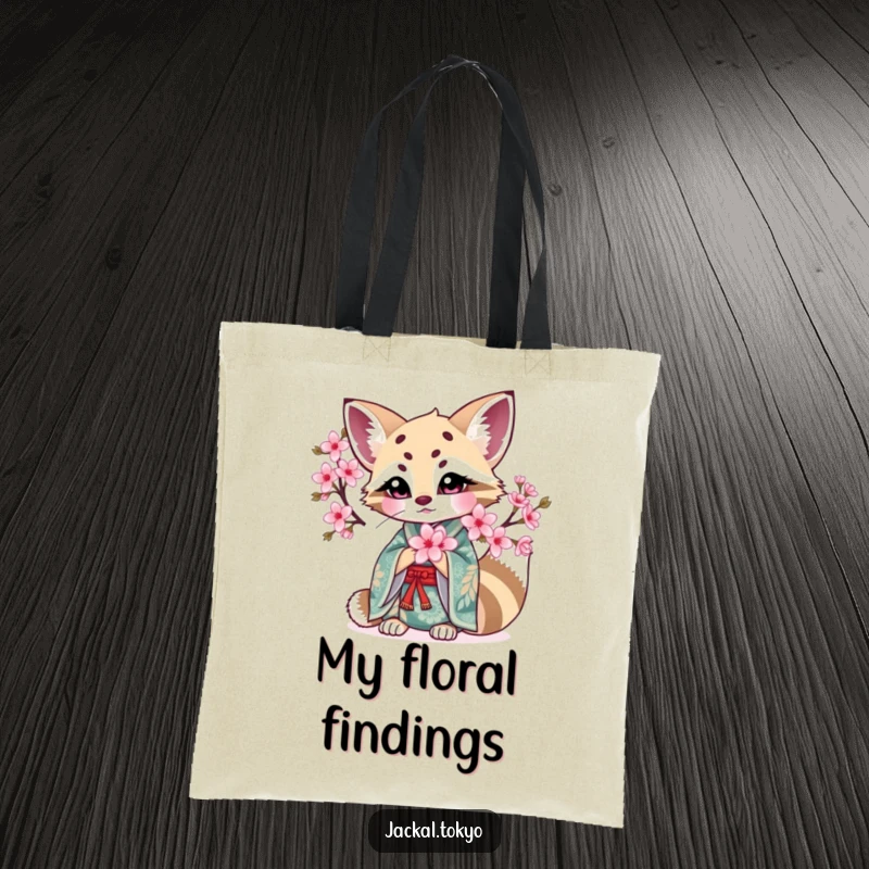 Funny Kawaii Jackal Tote Bag: Intricate kimono jackal holds a blooming cherry blossom, a functional and funny gift.