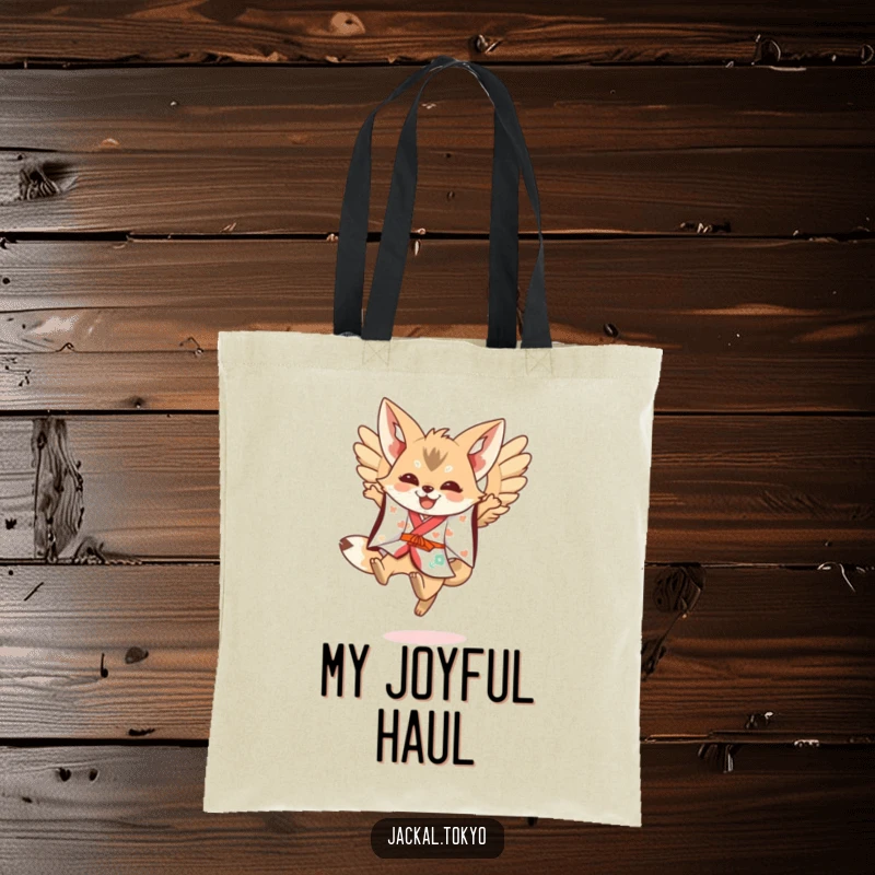 Funny Kawaii Jackal Tote Bag: Festive kimono jackal leaping with wings spread, a functional and funny gift.