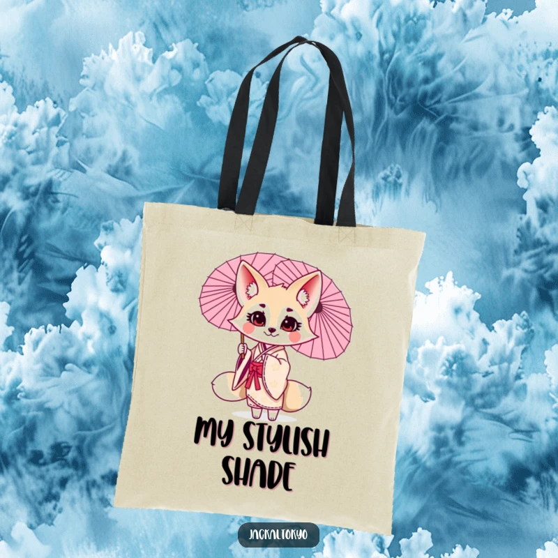 Funny kawaii jackal tote bag, twirling a parasol, elegant kimono, cute companion, stylish accessory.